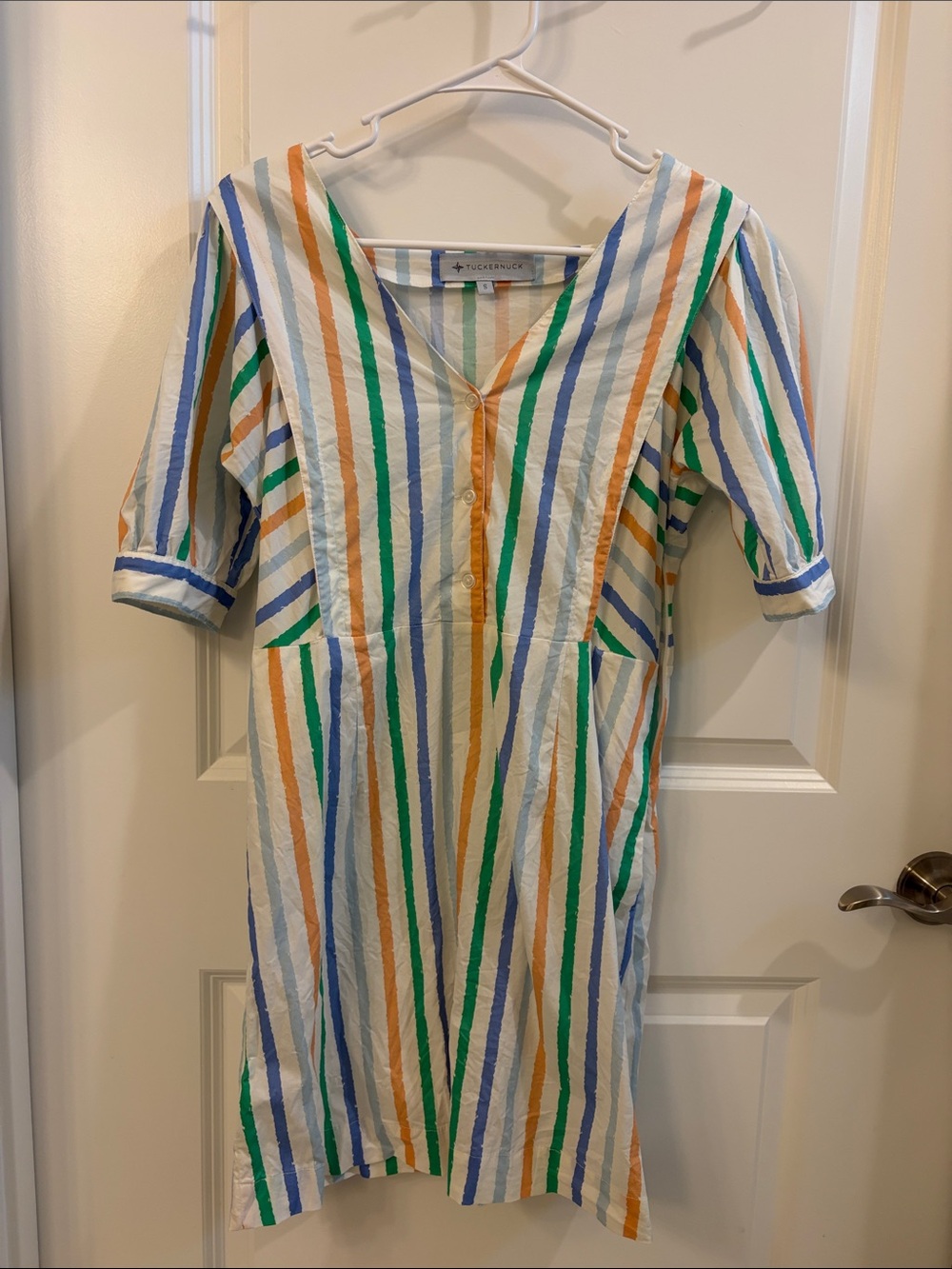 Tuckernuck White Dress with Green, Blue & Orange Stripes